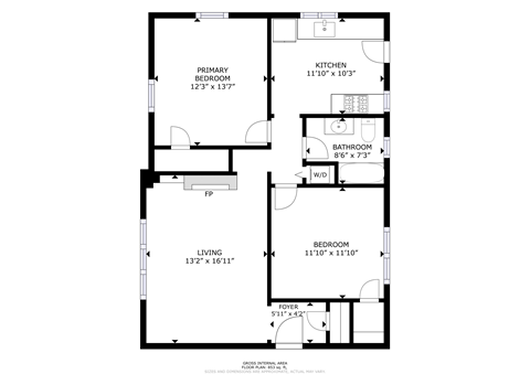 Floor plan for 2 beds, 1 bath, 700 sqft